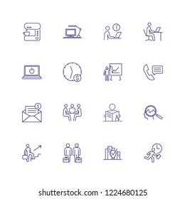 Office work icons. Set of line icons on white background. E-mail sign, partners, clock, coffee machine. Can be used for topics like office, business, partnership