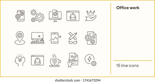 Office work icons. Set of line icons. Marketing planning, mobile business, online entertainment. Business process concept. Can be used for topics like business, technology, management