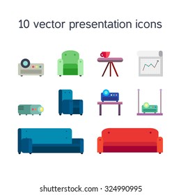 Office work icons set of projector, board bollard and comfortable seats for multimedia presentation sessions in modern style. Vector
