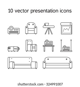 Office work icons set of projector, board bollard and comfortable seats for multimedia presentation sessions in modern style. Vector