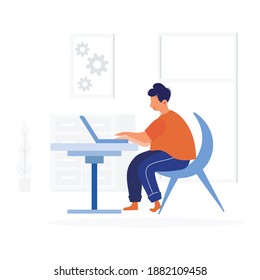 Office work illustration Concept .
Man Sitting at desk and doing his office work on his laptop