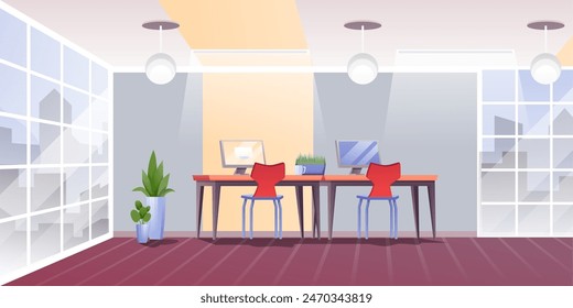 Interior de trabajo de oficina con escritorios, sillas, plantas de fondo. Moderno espacio abierto con amplios ventanales con vistas a la ciudad. Trabajo de coworking. Ilustración vectorial de dibujos animados.