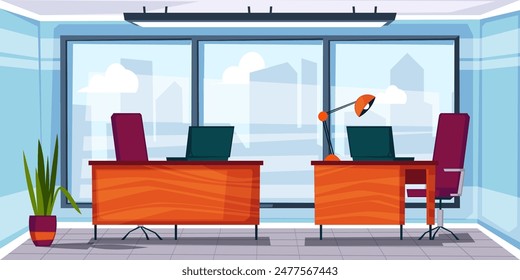 Office work interior with desks, chairs, plants background. Modern open space with wide floor-to-ceiling window with city view. Cartoon vector illustration.