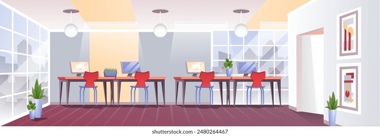 Office work interior with desks, chairs, plants background. Modern open space with wide floor-to-ceiling windows with city view. Coworking workplace. Cartoon vector illustration.