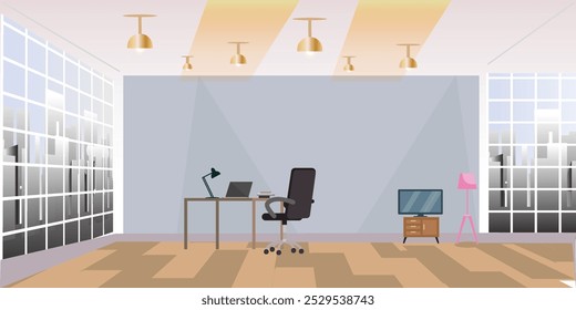 Office work interior with desks, chairs,  background vector business illustration design