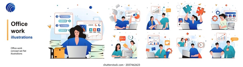 Conjunto aislado de trabajo de Office. Los empleados analizan datos, papeleo, realizan tareas. Colección de escenas en diseño plano. Ilustración vectorial para blogs, sitio web, aplicación móvil, materiales promocionales.