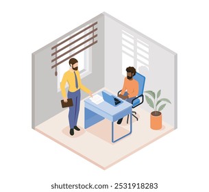 Office work isometric. Men in office at workplace. Business meeting and brainstorming. Collaboration and cooperation, partnership. 3D vector illustration isolated on white background