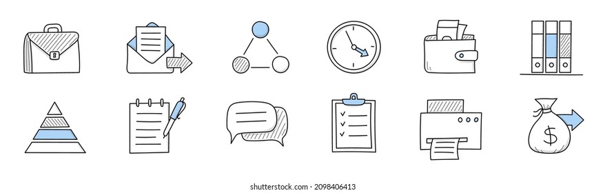 Office work, job concept with doodle icons of briefcase, clock, mail and documents. Vector sketch set of business and workplace, team, message, printer, purse and bag with money