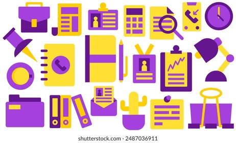 Office Work Job Elements - Bag Newspaper ID Identity Calculator Search Research Call Smartphone Coffee Clock Pin Contact Book Note Pen Desk Lamp Plant Cactus Notepad Folder Application Bulldog Clip
