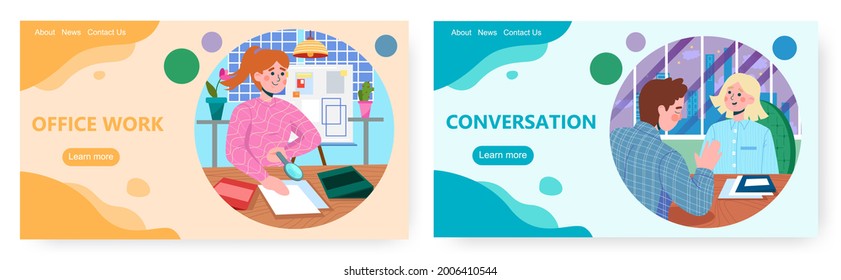 Office work landing page design, website banner vector template set. Employee customer conversation, workflow.