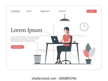 Office work landing page. The young woman works at the computer. Colored flat vector illustration. Isolated on white background.