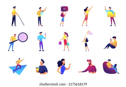 Office work and leisure time set. Businessman and manager, developer, vlogger, woman with net, perogrammer with magnifier, shopper, coffee break. Vector illustrations set isolated on white background.