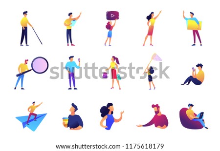 Office work and leisure time set. Businessman and manager, developer, vlogger, woman with net, perogrammer with magnifier, shopper, coffee break. Vector illustrations set isolated on white background.