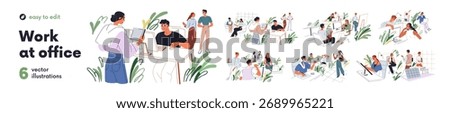 Office work life set. Employees, daily routine in corporate professional environment. Happy young colleagues communication in modern workplace. Flat vector illustration isolated on white background