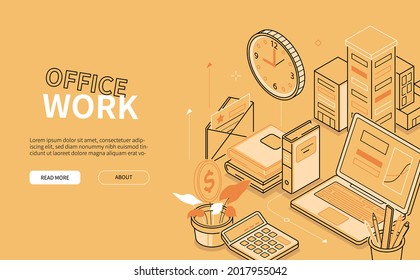 Trabajo de oficina - Banner de diseño de línea isométrico