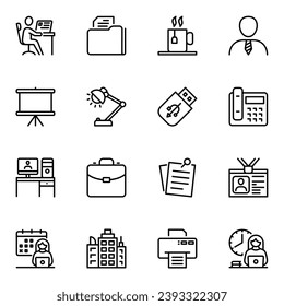 Office work line icons set. telephone, calendar, note, pen, workplace, notebook, document, stationery, supply, outline, working, time