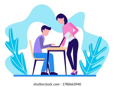 Office work. Man at the desk and  woman discussing the workflow. Isolated on white background. Flat design. Vector illustration.