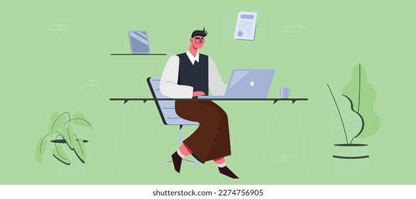 Trabajo de oficina. Hombre sentado detrás del escritorio frente al ordenador. Navegando por Internet. Comunicación móvil y concepto de red social. Ilustración vectorial de un hombre que usa una laptop.