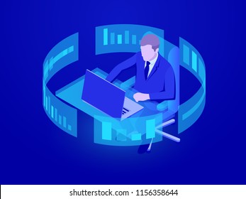 Office work, man sitting at the table, working on laptop, data processing, bank employee, analyst, statistician information chart, infographics, data visualization isometric vector illustration dark