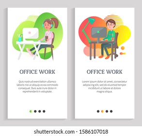 Office work of man and woman, female in headset using computer, employee on workplace with wireless device, worker with pc, communication vector. Website or slider app, landing page flat style