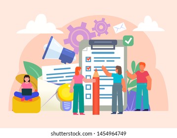 Office work management, todo list, planning. Group of people stand near big document, envelope, megaphone. Poster for social media, web page, banner, presentation. Flat design vector illustration