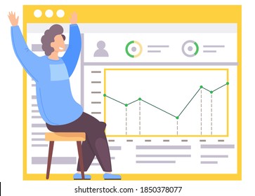 Office work management vector illustration. Statistical chart in background. Man happily raises his hands up. Work with statistics indicators and data analysis. The guy studies the scheme and rejoices