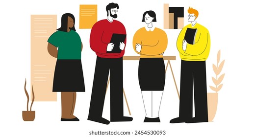 Office work. Manager sets tasks for his employees. Diverse colleagues Vector illustration in flat style for business project development. Different people working in one team Friendly men and women