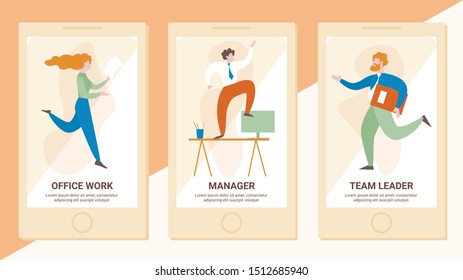 Office Work, Manager, Team Leader Flat Vector Web Banner, Landing Pages for Mobile Phone Application. Female, Male Employees Hurrying with Documents, Stressed Businessman Standing on Desk Illustration