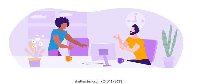 Office work, men, indoor plants, window with clouds. Office work concept. Vector illustration