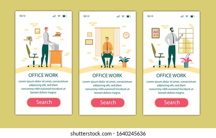 Office Work Mobile App Page Onboard Screen Set for Website, Business Man Reading Documents, Have Coffee Break. Workflow Management and Working Situations in Office Cartoon Flat Vector Illustration