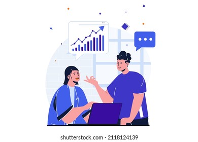 Office trabajo moderno concepto plano para el diseño de banners web. Los empleados discuten las tareas laborales y las estadísticas financieras de la empresa, colaboran y cooperan. Ilustración vectorial con la escena de personas aisladas