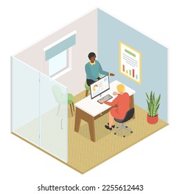 Office work - modern vector colorful isometric illustration. High quality composition with colleagues talking, discussing a project. A woman working at the computer, analyzing data. Workplace interior