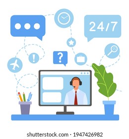 Office work. Online customer service. Helping clients. Concept illustration for call center, support, hotline, telemarketing. Vector illustration in flat style isolated on white background.