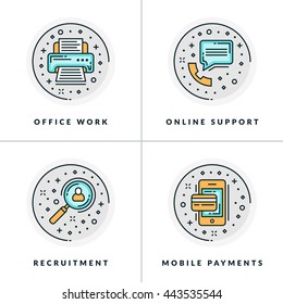 Office work, online support, recruitment, online payments. A set of four colored in gray, orange and blue flat vector illustrations, circle icons.