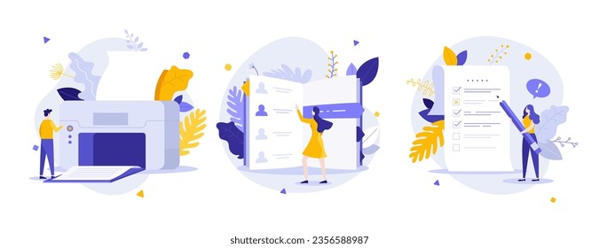 Office work organization flat concept vector illustrations set. Appliance improving papers processing cartoon composition. Corporate essentials for employees idea for website, mobile, presentation