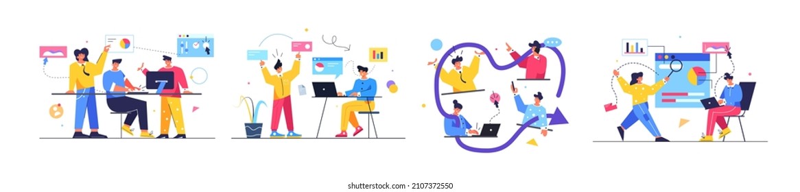 Office work organization with gadgets vector illustration. Digital help and work progress flat style. Technology, development concept
