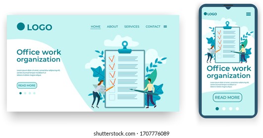 Office work organization.Template for the user interface of the website's home page.Landing page template.The adaptive design of the smartphone.vector illustration.
