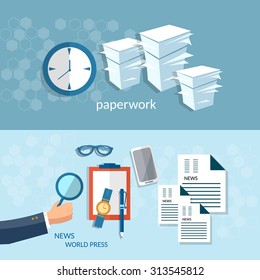 Office work paperwork business concept startup businessman press newspapers analyst vector banners 