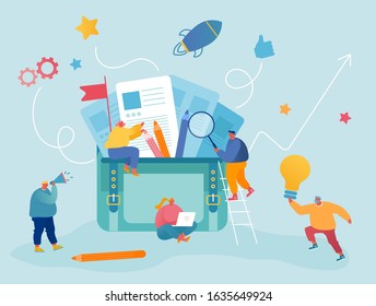Concepto de trabajo de oficina y cooperación de asociación. Empresarios en los alrededores de Enorme Briefcase. Empresarios ponen diferentes diseños y documentos en la ilustración de vectores planos de caricaturas de portafolio