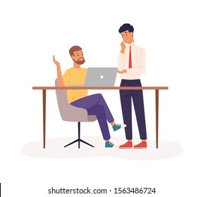 Office work, partnership flat vector illustration. Company staff cooperation, business project planning. Co-workers cartoon characters. Employees in workstation isolated on white background.