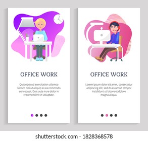 Office work with pc, people sitting on workplace with laptop or computer, portrait view of employee working with device, modern technology vector. Website or slider app, landing page flat style