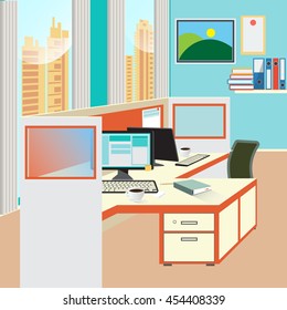 Office Work Place with Computer and Paper Documents. Vector Background