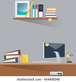 Office Work Place with Computer and Paper Documents. Vector Background