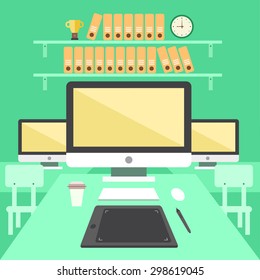 Office work place, computers with shelves on background. Open space interior. Flat design colorful vector illustration