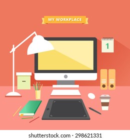 Office work place: desktop, graphic tablet, calendar, binders, pencils, coffee cup, lamp etc with ribbon for title or text. Freelancer work place concept. Flat design colorful vector illustration