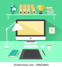 Office work place: desktop, graphic tablet, calendar, binders, pencils, coffee cup, globe, lamp etc with shelves on background. Flat design colorful vector illustration