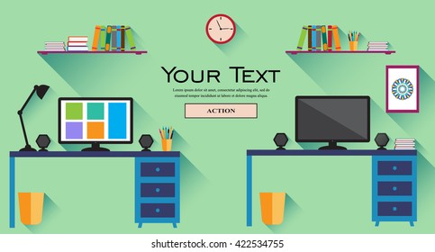 Office work place in flat design. Web site template.