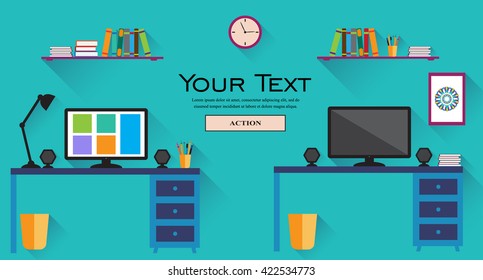 Office work place in flat design. Web site template.