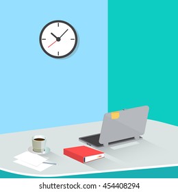 Office Work Place with Laptop and Coffee. Vector Background