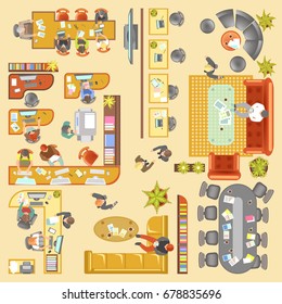 Office work place layout vector flat plan details